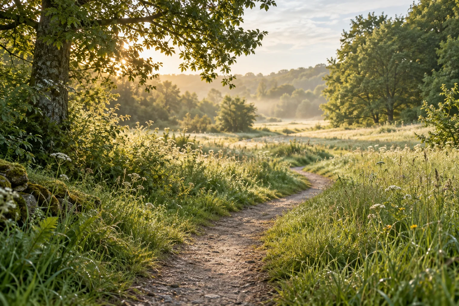 A winding meadow path leading toward a sunlit clearing.