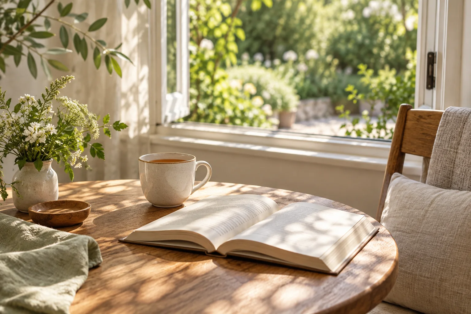 An open book and cup of tea beside a sunlit garden window.